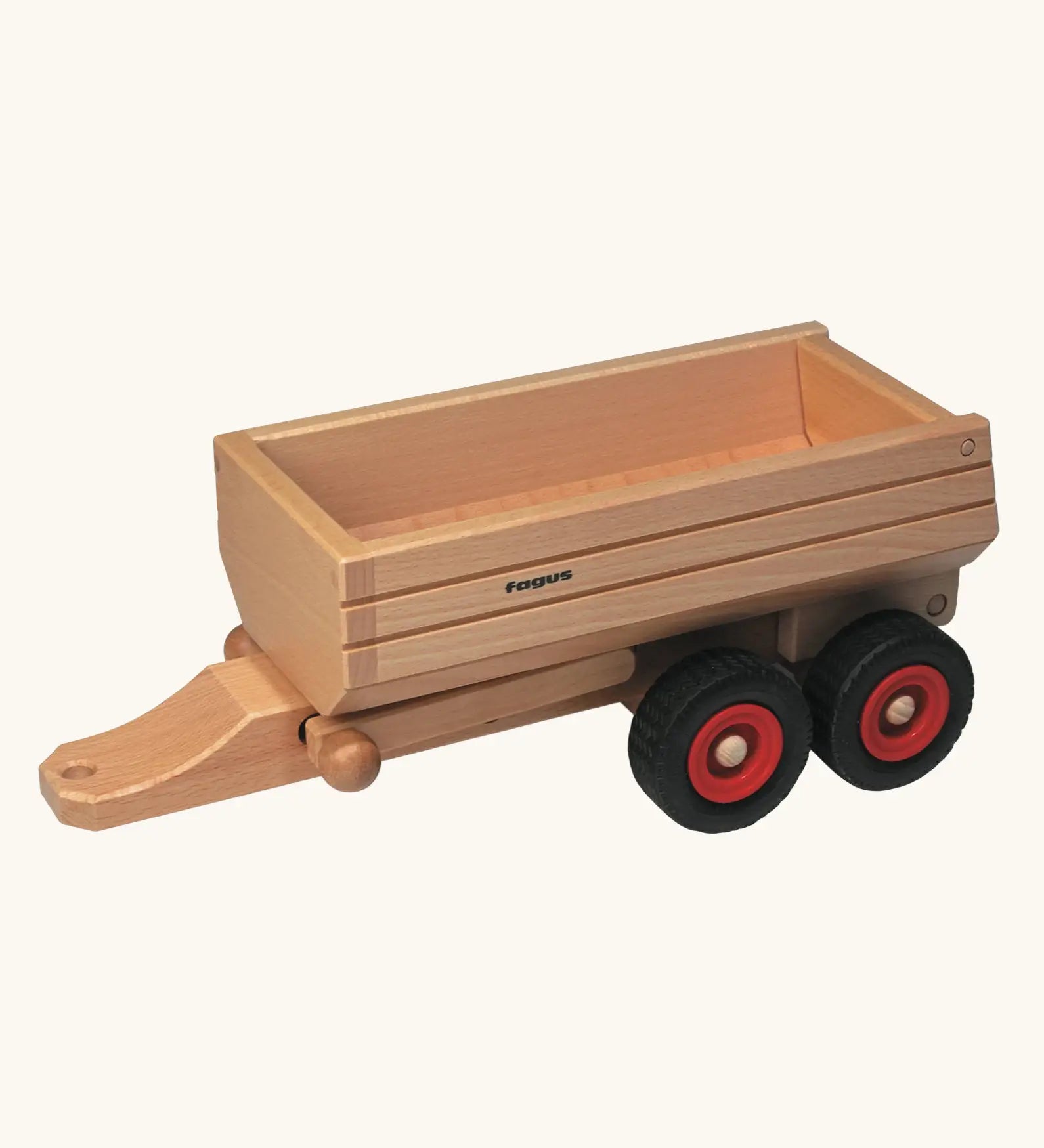 Fagus wooden trailer toy that hitches to the Old Tractor, Modern Tractor, Jeep, Skip Truck, Container Tipper Lorry and the Dumper Truck.