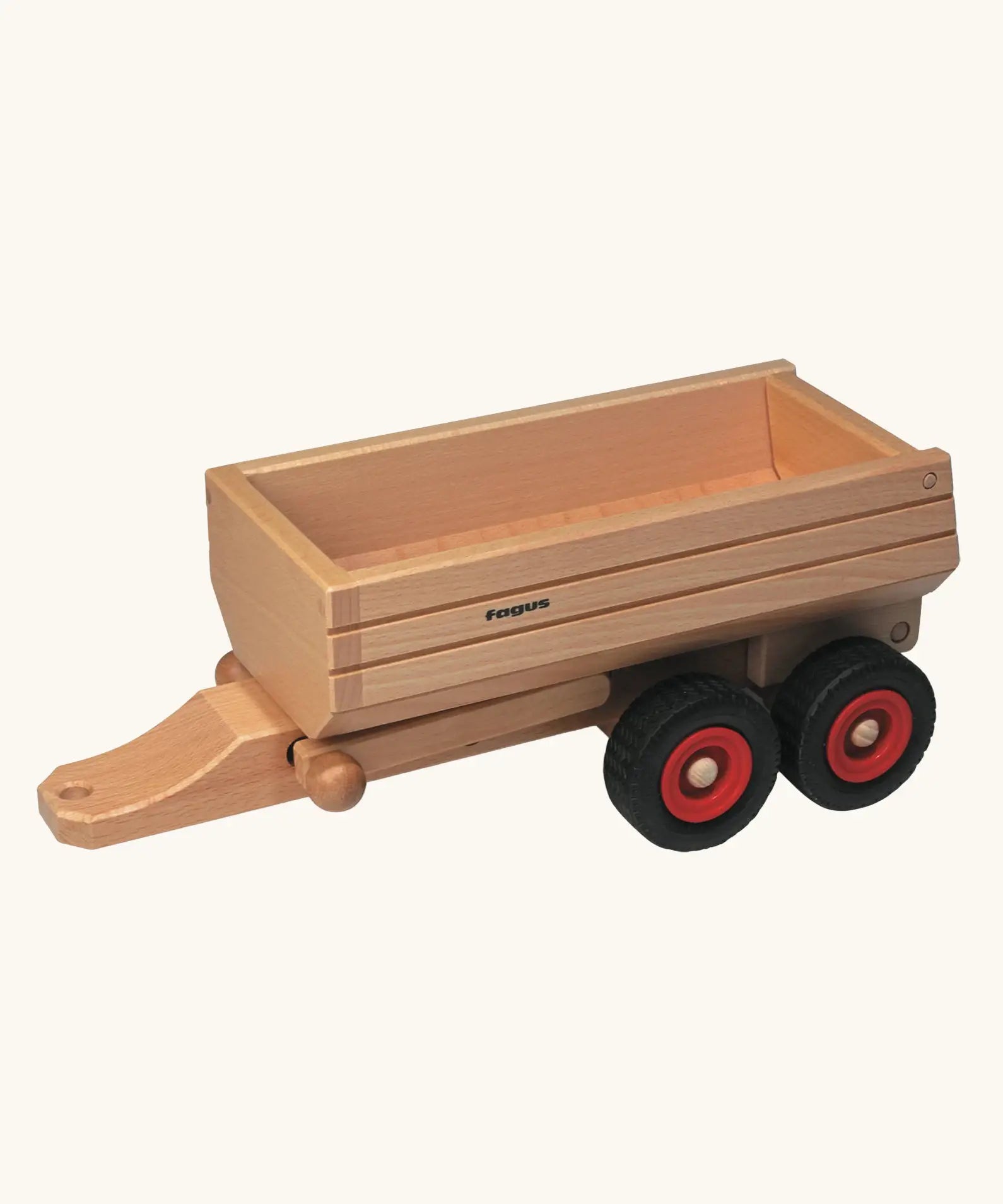 Fagus wooden trailer toy that hitches to the Old Tractor, Modern Tractor, Jeep, Skip Truck, Container Tipper Lorry and the Dumper Truck.
