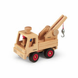 Fagus handmade wooden truck toy on a white background with the extra crane attachment