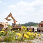 Fagus large wooden toy vehicles lined up in a grassy field full of dandelions
