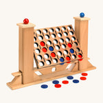 Fagus Handmade Wooden Tower Bridge Game, with the blue and red wooden tokens