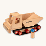 Fagus Wooden Caterpillar Dumper Truck, with two wooden peg figures. One is inside the truck, and the other is outside