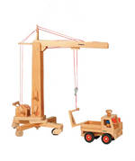 Fagus handmade wooden crane toy. The crane has four wheels on the base.