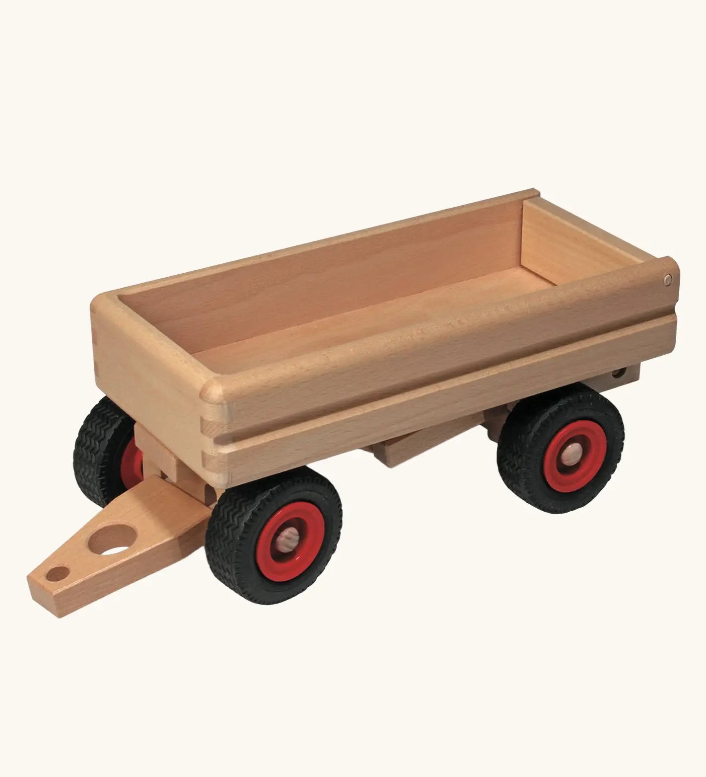 Fagus handmade wooden dumper trailer toy attachment that hitches onto the Fagus Old Tractor, Modern Tractor, Jeep, Skip Truck, Container Tipper Lorry and the Dumper Truck.