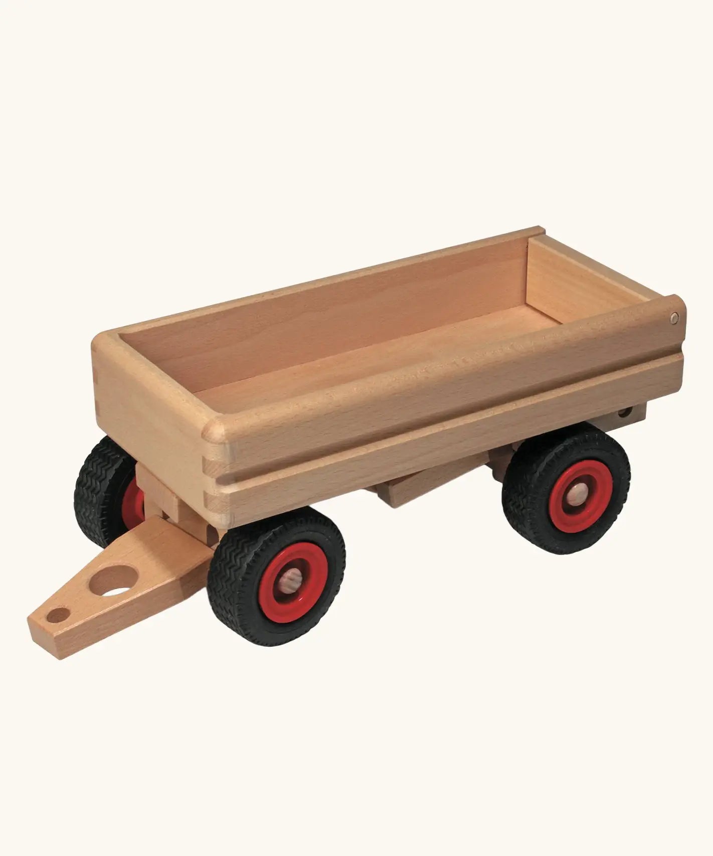 Fagus handmade wooden dumper trailer toy attachment that hitches onto the Fagus Old Tractor, Modern Tractor, Jeep, Skip Truck, Container Tipper Lorry and the Dumper Truck.