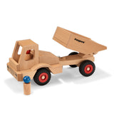  with two wooden peg doll figures. One is inside the dumper truck