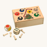 Fagus Handmade Wooden Quapetito Game. The image shows the dice, pegs and colourful illustration on the front of the game/storage box