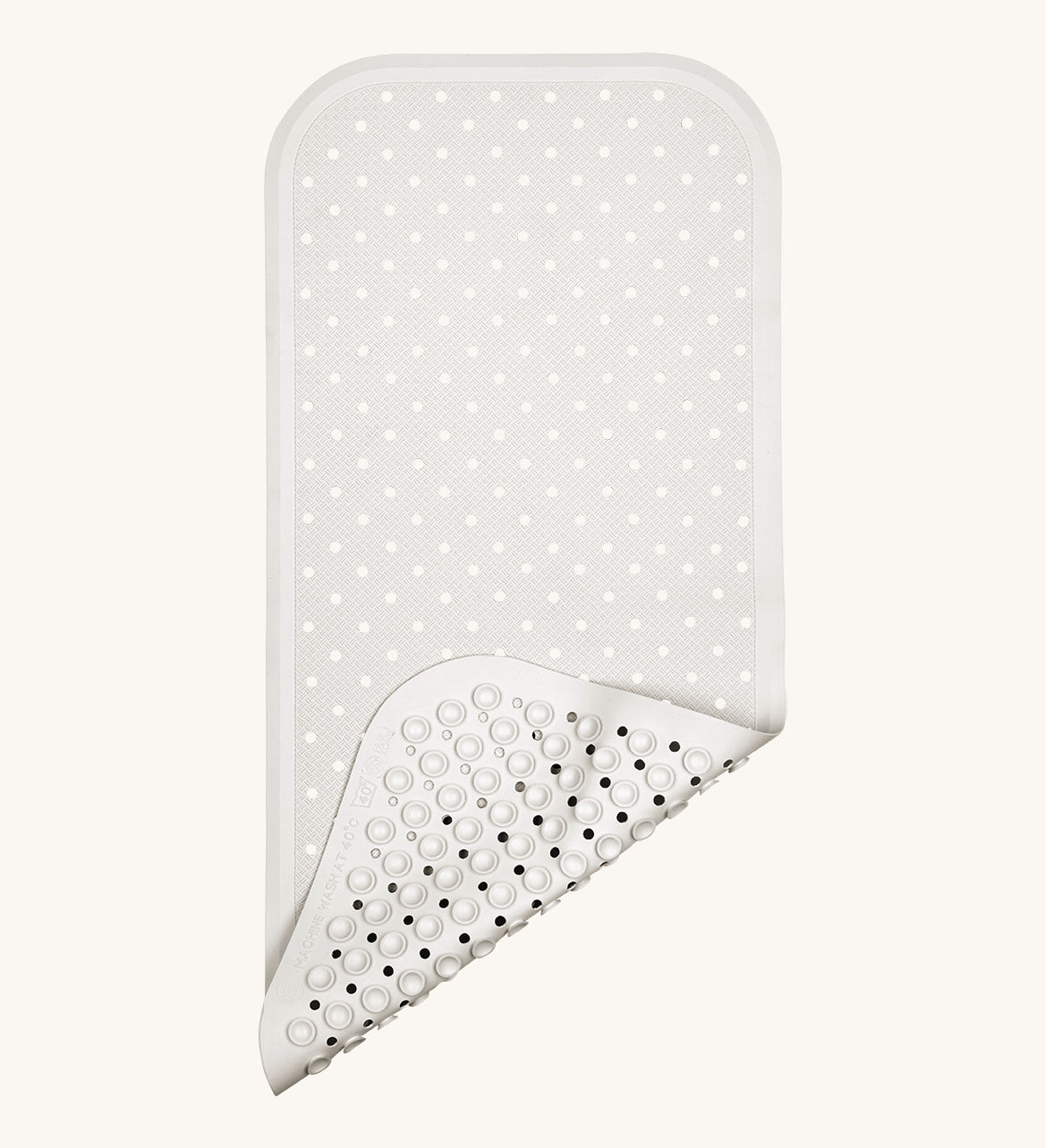 A close up of the Fair Zone natural rubber pearly white bath mat available at Babipur, showing the suckers on the underside for holding the mat down.  