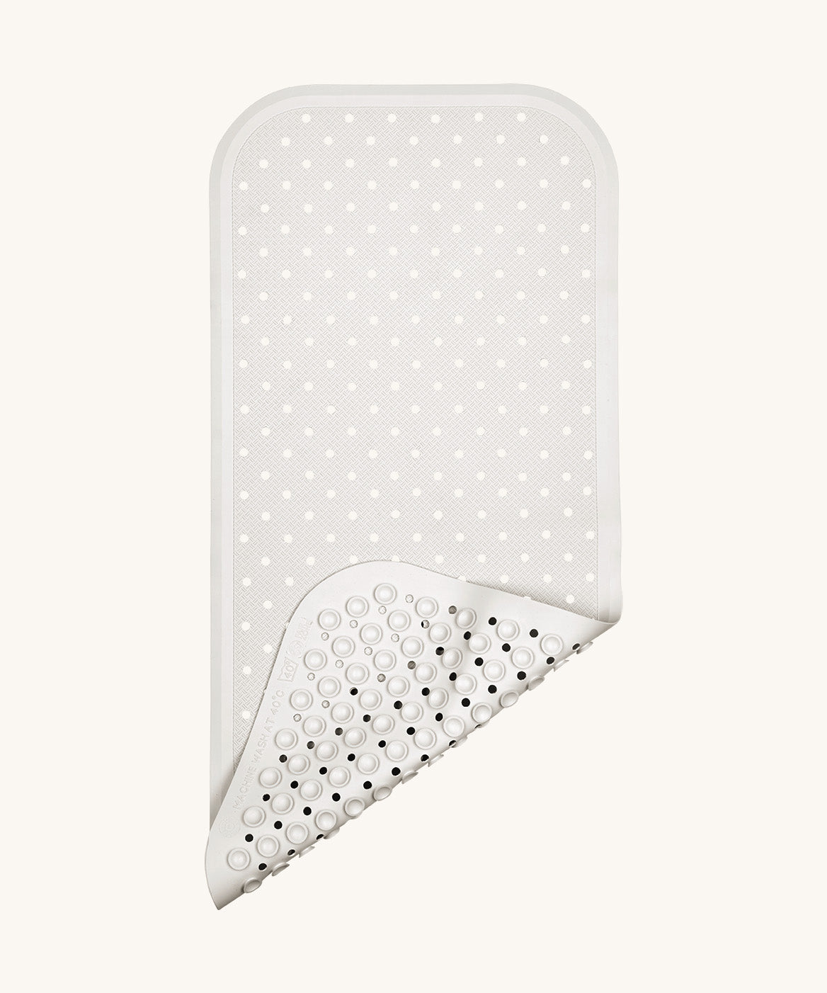 A close up of the Fair Zone natural rubber pearly white bath mat available at Babipur, showing the suckers on the underside for holding the mat down.  