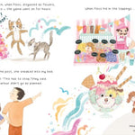 Open pages of the Finding Floss childrens book by Cara Matheson on a white background