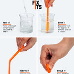Infographic showing how to mould the FixIts plastic DIY repair strips and fix broken items