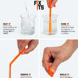 Infographic showing how to mould the FixIts plastic DIY repair strips and fix broken items