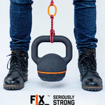 Close up of man using a FixIts mouldable plastic strip to pull up a 16kg weight