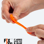 Close up of hands stretching a FixIts orange repair strip on a white background