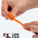 Close up of hands stretching a FixIts orange repair strip on a white background