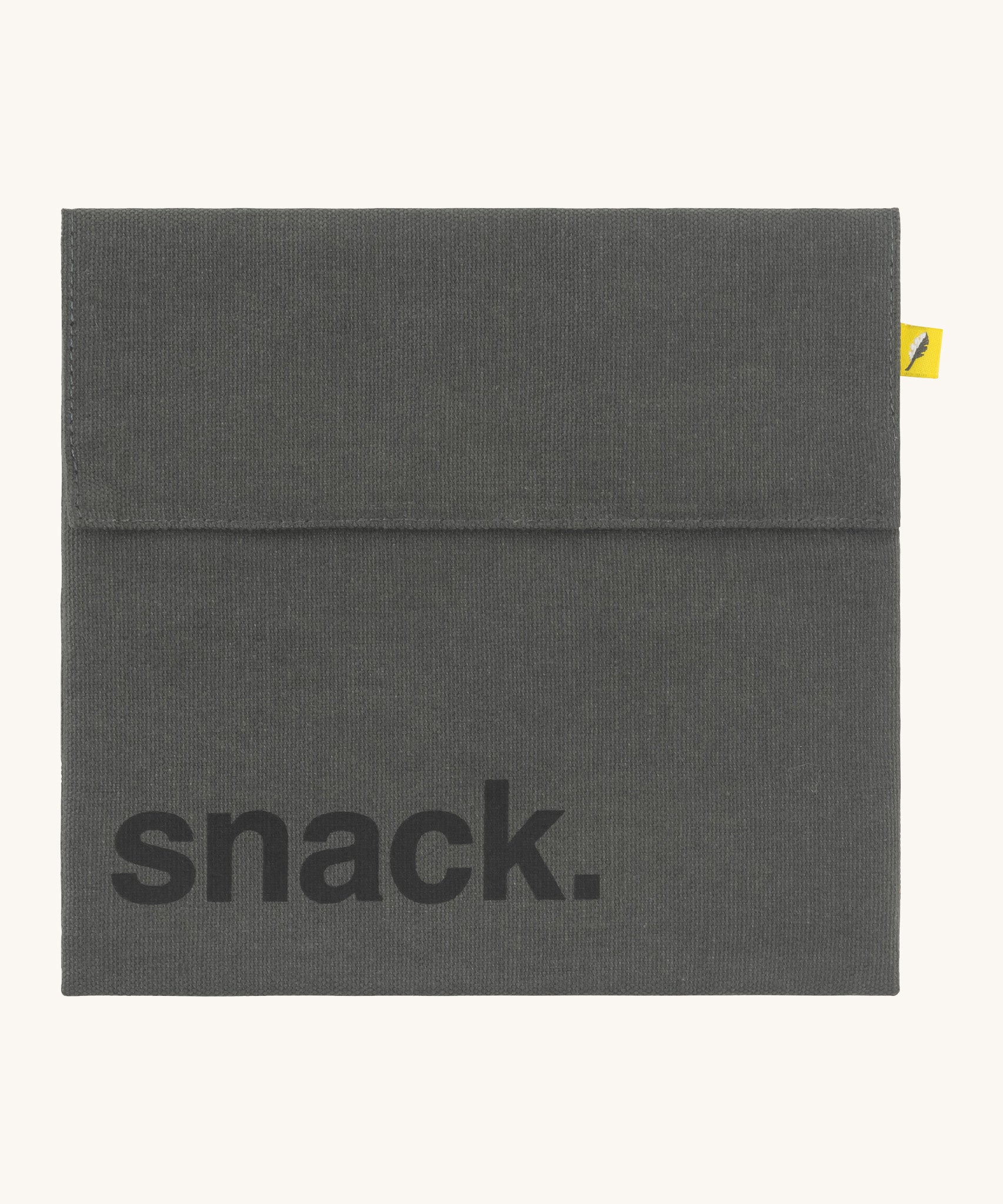 Fluf cotton snack pack with a flip velcro in dark grey colour with snack printed on the front in black 