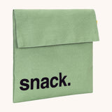 Fluf Flip Organic Cotton Snack Bag in a moss green colour. A reusable cotton bag with the word 'snack written in black front on the front.