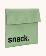 Fluf Flip Organic Cotton Snack Bag in a moss green colour. A reusable cotton bag with the word 'snack written in black front on the front.