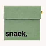 Fluf Flip Organic Cotton Snack Bag in a moss green colour. A reusable cotton bag with the word 'snack written in black front on the front.