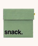Fluf Flip Organic Cotton Snack Bag in a moss green colour. A reusable cotton bag with the word 'snack written in black front on the front.