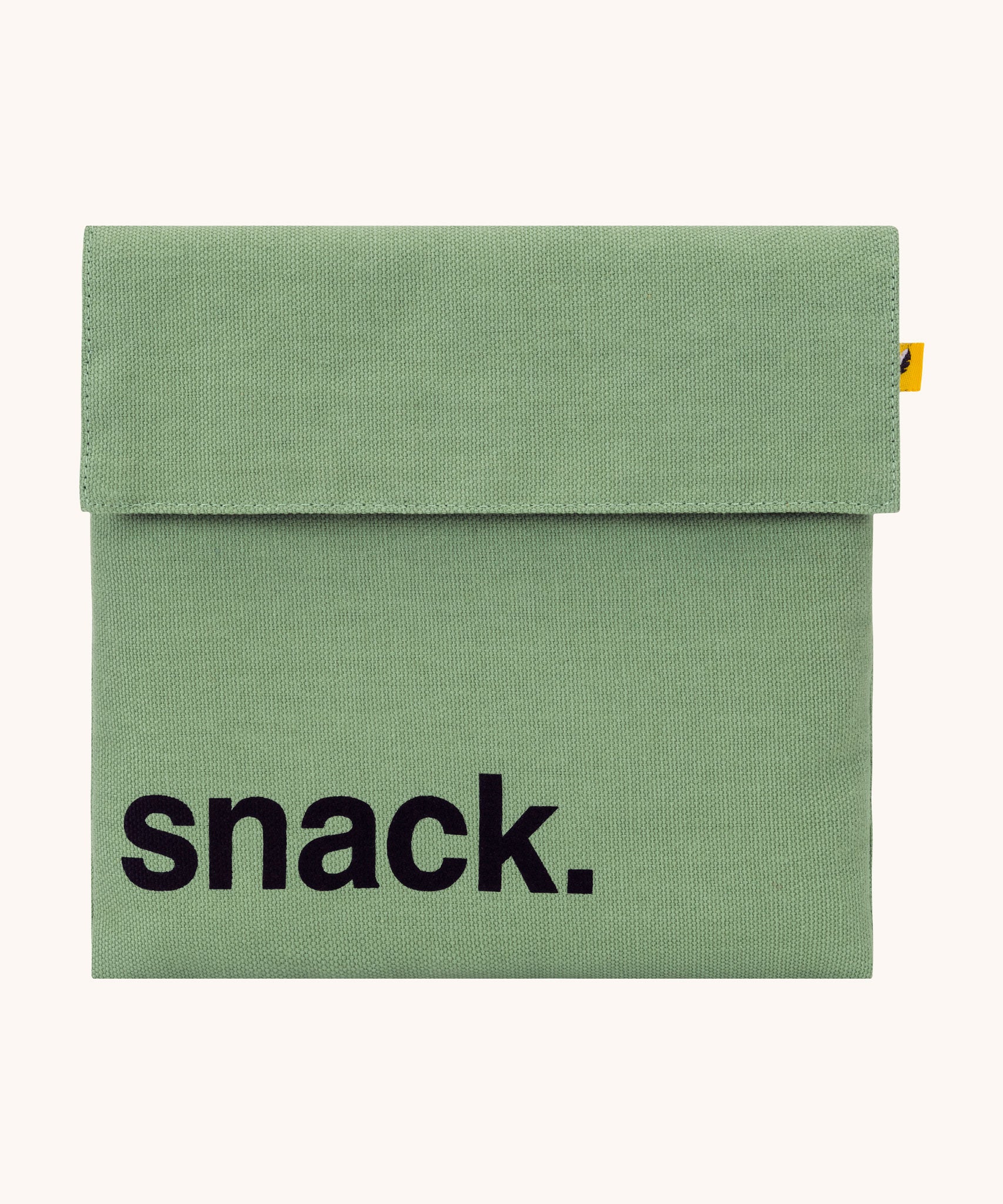 Fluf Flip Organic Cotton Snack Bag in a moss green colour. A reusable cotton bag with the word 'snack written in black front on the front.