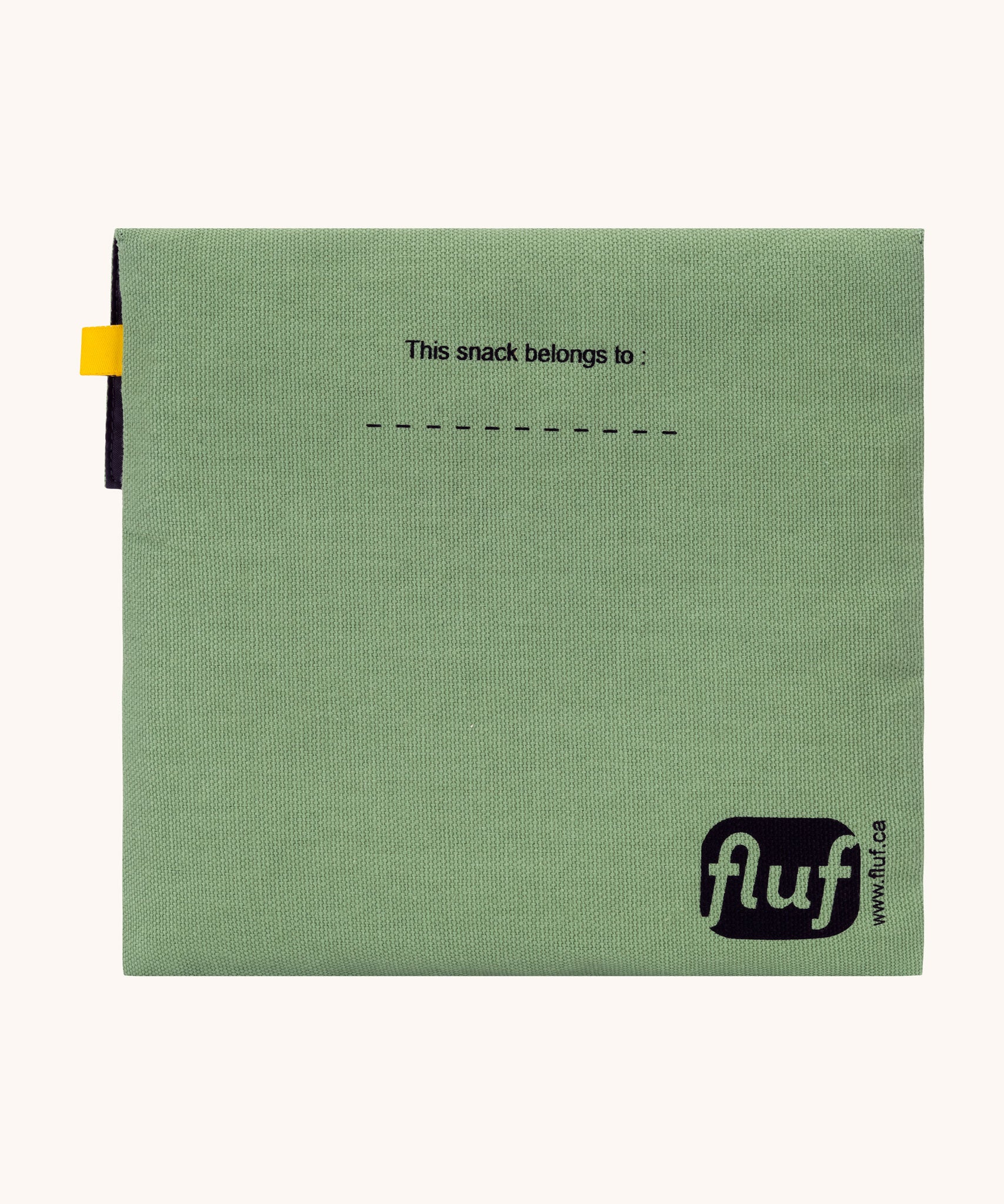 The back of the Fluf Flip Organic Cotton Snack Bag in a moss green colour. A reusable cotton bag with the word 'snack written in black front on the front.