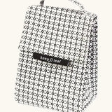 A black and white geometric patterned Fluf lunch bag with a top handle and a black brand label reading 'keep leaf' on the front, shown against a plain off-white background.