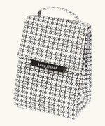 A black and white geometric patterned Fluf lunch bag with a top handle and a black brand label reading 'keep leaf' on the front, shown against a plain off-white background.