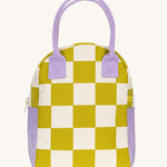 The Fluf organic cotton zippered lunch bag, featuring a checks pear green and white design, lilac handles and lilac side panels.