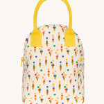 The Fluf organic cotton zippered lunch bag, featuring a cones pattern design with yellow contrasting handles.