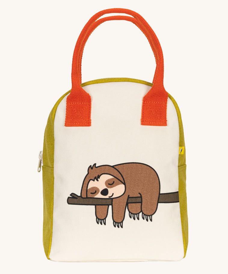 The Fluf organic cotton zippered lunch bag, featuring a sloth design on the front, orange handles and green side panels.