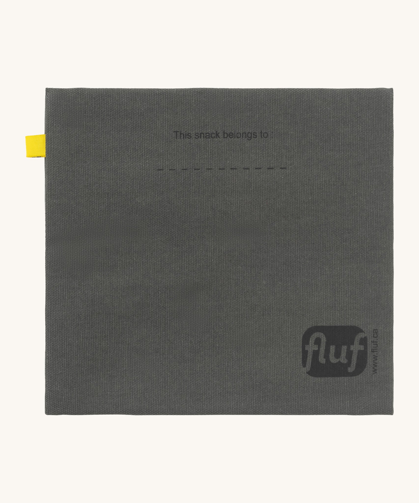 Fluf cotton snack pack with a flip velcro in dark grey colour with snack printed on the front in black  back detail