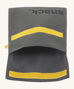 Fluf opened cotton snack pack with a flip yellow velcro in dark grey colour with snack printed on the front in black  