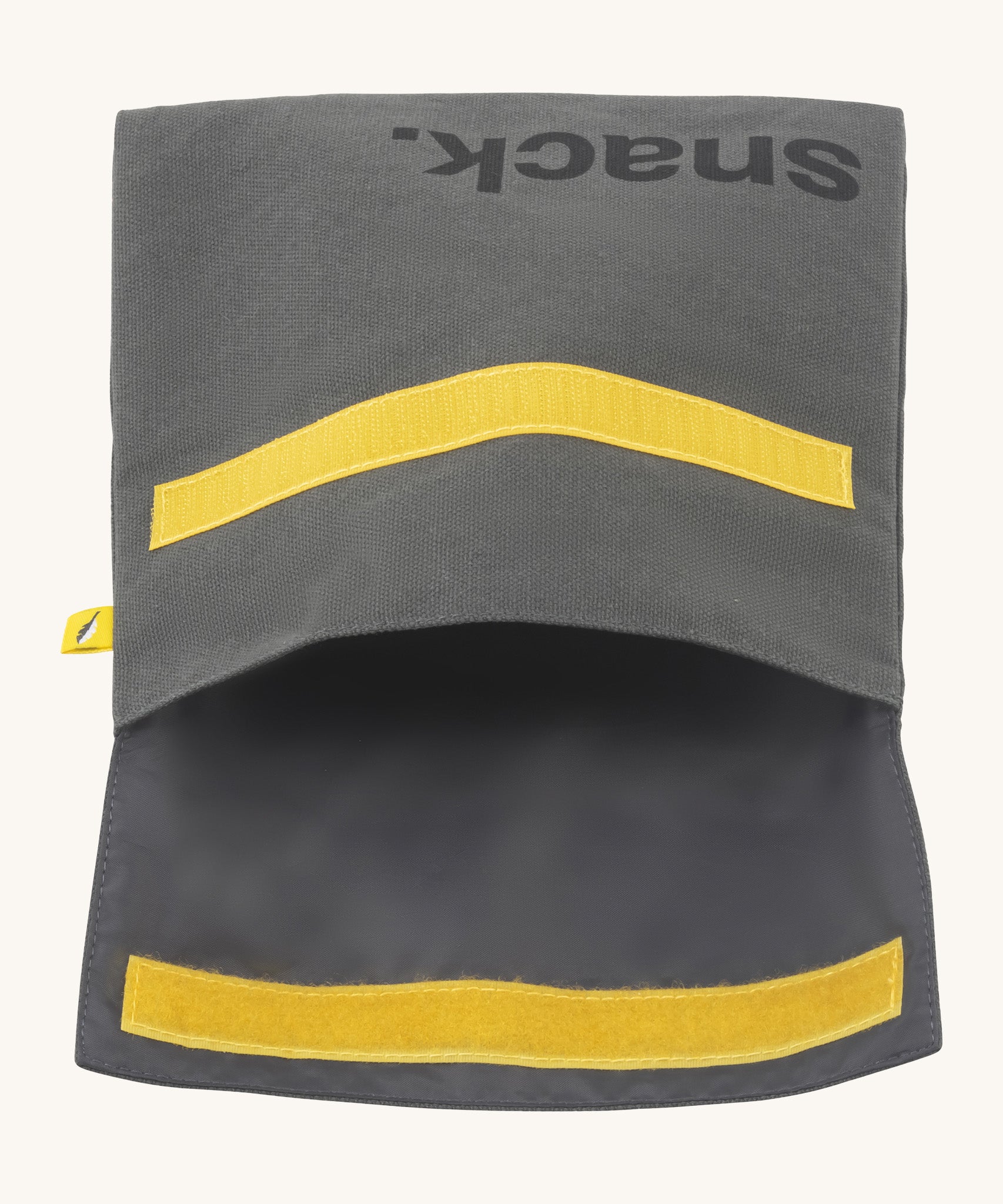 Fluf opened cotton snack pack with a flip yellow velcro in dark grey colour with snack printed on the front in black  
