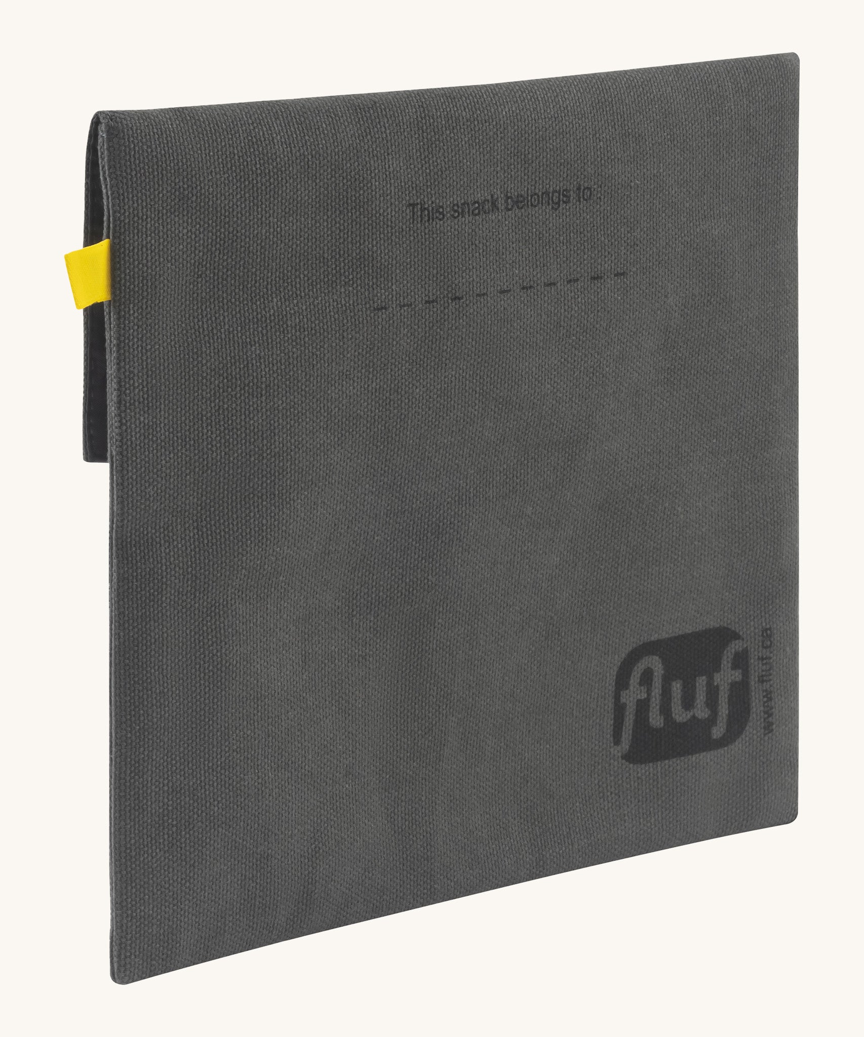 Fluf cotton snack pack with a flip velcro in dark grey colour with snack printed on the front in black  side detail