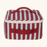 Fluf GOTS organic cotton square lunch bag in a awning stripe chilli pepper design with a white zip detail. Features a matching colour carry handle on the top and side.
