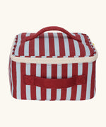 Fluf GOTS organic cotton square lunch bag in a awning stripe chilli pepper design with a white zip detail. Features a matching colour carry handle on the top and side.
