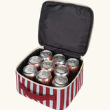 Fluf GOTS organic cotton square lunch bag in a awning stripe chilli pepper design with 9 drinks can placed inside. 