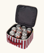 Fluf GOTS organic cotton square lunch bag in a awning stripe chilli pepper design with 9 drinks can placed inside. 
