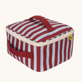 Fluf GOTS organic cotton square lunch bag in a awning stripe chilli pepper design with a white zip detail. Features a matching colour carry handle on the top and side.