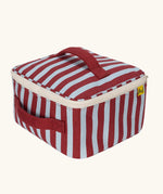 Fluf GOTS organic cotton square lunch bag in a awning stripe chilli pepper design with a white zip detail. Features a matching colour carry handle on the top and side.