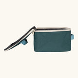 Side view of the Fluf GOTS organic cotton square lunch bag in a cypress with a white zip detail. Features a light blue carry handle on the top and side.