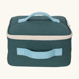 Fluf GOTS organic cotton square lunch bag in a cypress with a white zip detail. Features a light blue carry handle on the top and side.