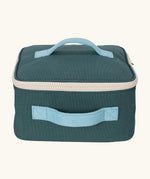 Fluf GOTS organic cotton square lunch bag in a cypress with a white zip detail. Features a light blue carry handle on the top and side.