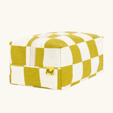 Fluf Traveller Bag in checks pear, a compact organic cotton washbag with lilac carry handle and zip.
