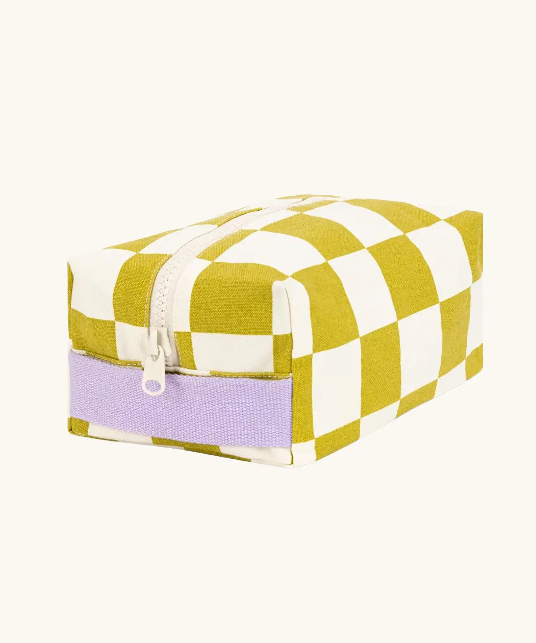 Fluf Traveller Bag in checks pear, a compact organic cotton washbag with lilac carry handle and zip.