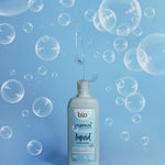 Bio-D Fragrance Free natural vegan friendly Washing Up Liquid in a 750ml bottle pictured on a blue back ground with bubbles