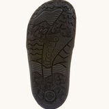 The black barefoot rubber sole of the Froddo Barefoot TEX Kids Autumn Shoes in Black. A soft ankle high shoe in black with a barefoot black rubber sole. Features two velcro straps for a secure fit.  We have a range of children's barefoot shoes available at Babipur. 