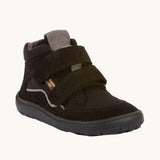 Froddo Barefoot TEX Kids Autumn Shoes in Black. A soft ankle high shoe in black with a barefoot black rubber sole. Features two velcro straps for a secure fit.  We have a range of children's barefoot shoes available at Babipur. 