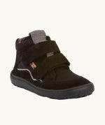 Froddo Barefoot TEX Kids Autumn Shoes in Black. A soft ankle high shoe in black with a barefoot black rubber sole. Features two velcro straps for a secure fit.  We have a range of children's barefoot shoes available at Babipur. 